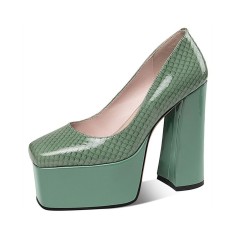 Square Toe Chunky Heels Platforms Serpentine Pumps - Green
