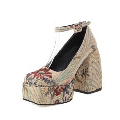 Square Toe Chunky Heels Platforms Flower Print Ankle Buckle Straps Pumps - Tan