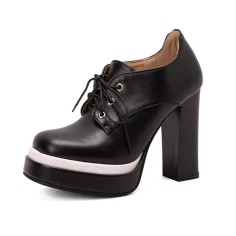 Round Toe Lace Up Chunky Heels Low Platforms Loafers Pumps - Black Faux Leather