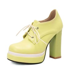 Round Toe Lace Up Chunky Heels Low Platforms Loafers Pumps - Green Faux Leather