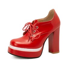 Round Toe Lace Up Chunky Heels Low Platforms Loafers Pumps - Red Faux Leather