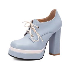 Round Toe Lace Up Chunky Heels Low Platforms Loafers Pumps - SkyBlue  Faux Leather
