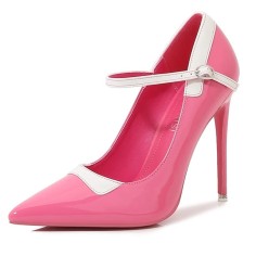 Pointed Toe Stiletto Heels French Maid Mary Janes Patent Pumps - Pink