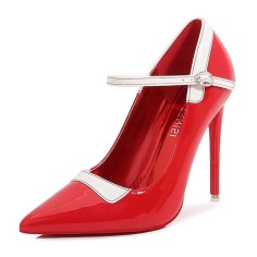 Pointed Toe Stiletto Heels French Maid Mary Janes Patent Pumps - Red