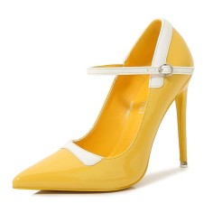 Pointed Toe Stiletto Heels French Maid Mary Janes Patent Pumps - Yellow