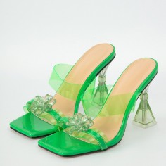Peep Toe PVC Transparent Spike Heels Crystal Flower Sandals Slippers - Green
