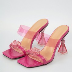 Peep Toe PVC Transparent Spike Heels Crystal Flower Sandals Slippers - Pink