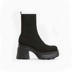 Chunky Heel Platform Ankle Fabric Socks Boots - Black