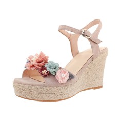 Peep Toe Platforms Ankle Buckle Straps Flowers Wedges Sandals - Apricot