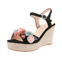 Peep Toe Platforms Ankle Buckle Straps Flowers Wedges Sandals - Black