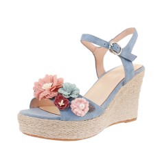 Peep Toe Platforms Ankle Buckle Straps Flowers Wedges Sandals - Blue