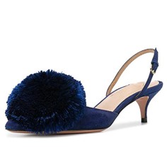 Pointed Toe Pom Poms Kitten Heels Slingback Sandals Pumps - Blue
