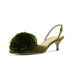 Pointed Toe Pom Poms Kitten Heels Slingback Sandals Pumps - Green