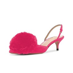 Pointed Toe Pom Poms Kitten Heels Slingback Sandals Pumps - Hot Pink