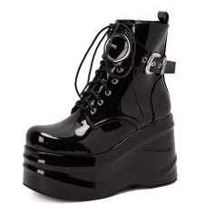 Round Toe Side Zipper Lace Up Buckle Straps Ankle Highs Platforms Wedges Boots - Black Patent