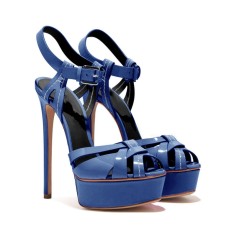 Italian Heels Ankle Straps Peep Toe Platform Patent Stiletto Sandals - Blue