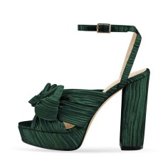 Peep Toe Chunky Heels Bow Knot Low Platforms Summer Sandals - Green Fabric
