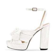 Peep Toe Chunky Heels Bow Knot Low Platforms Summer Sandals - White Fabric