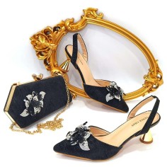 Peep Toe Rhinestones Glitters Cube Heels Slingback Sandals Pumps with Bag  - Multicolor Synthetic