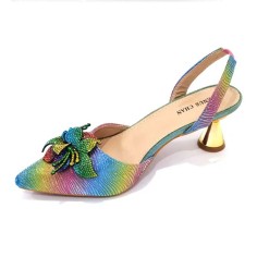 Peep Toe Rhinestones Glitters Cube Heels Slingback Sandals Pumps  - Multicolor Synthetic