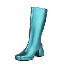 Square Toe Chunky Heels Metallic Pastel Platforms Knee High Zipper Boots - Blue