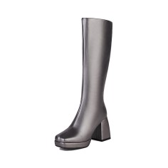 Square Toe Chunky Heels Metallic Pastel Platforms Knee High Zipper Boots - Gray