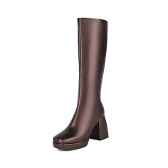 Square Toe Chunky Heels Metallic Pastel Platforms Knee High Zipper Boots - Gun Brown