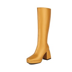 Square Toe Chunky Heels Metallic Pastel Platforms Knee High Zipper Boots - Yellow