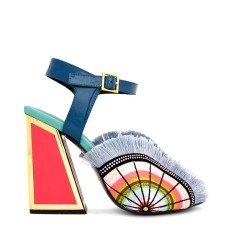 Peep Toe Chunky Heels Ankle Buckle Straps Colorful Ethnic Pattern Stylish Sandals - Multicolor Leather