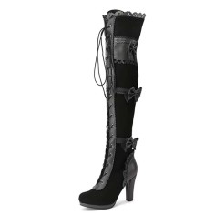 Round Toe Cuban Block Heels Lace Up Knee Highs Bow Decorated Ove The Knee Thigh Highs Boots - Black Flock