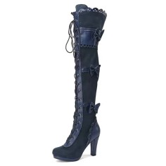 Round Toe Cuban Block Heels Lace Up Knee Highs Bow Decorated Ove The Knee Thigh Highs Boots - Blue Flock