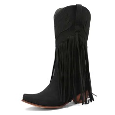 Pointed Toe Knee High Chunky Heels Western Style Tassel Cowboy Boots - Black Flock