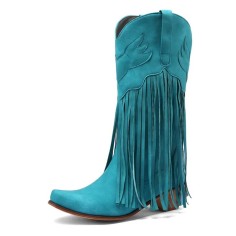Pointed Toe Knee High Chunky Heels Western Style Tassel Cowboy Boots - Blue Flock
