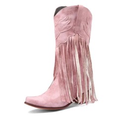 Pointed Toe Knee High Chunky Heels Western Style Tassel Cowboy Boots - Pink Flock