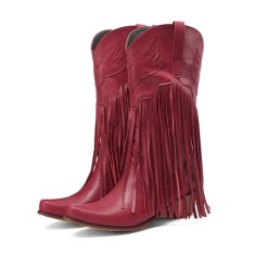 Pointed Toe Knee High Chunky Heels Western Style Tassel Cowboy Boots - Red Faux Leather