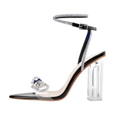 Pointed Open Toe Rhinestone Bow Clear Transparent Chunky Heels Ankle Straps Sandals - Black Patent