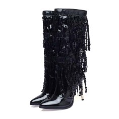 Pointed Toe Stiletto Heels Knee Highs Rhinestone Fringed Boots - Black Patent