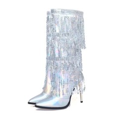 Pointed Toe Stiletto Heels Knee Highs Rhinestone Fringed Boots - Silver Patent
