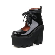 Chunky Heels Round Toe Lace Up Platforms Pumps - Black