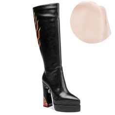 Pointed Toe Chunky Heels Platforms Flame Printed Knee High Side Zipper Boots - Black