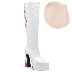 Pointed Toe Chunky Heels Platforms Flame Printed Knee High Side Zipper Boots - White