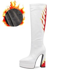 Pointed Toe Chunky Heels Platforms Flame Printed Knee High Side Zipper Short Plush Boots - White