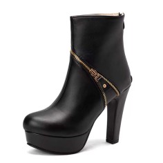 Round Toe Metal Link Decoration Platforms Ankle Highs Block Heels Boots - Black Faux Leather