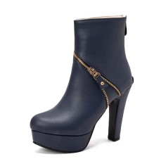 Round Toe Metal Link Decoration Platforms Ankle Highs Block Heels Boots - Blue Faux Leather