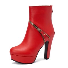 Round Toe Metal Link Decoration Platforms Ankle Highs Block Heels Boots - Red Faux Leather