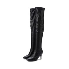 Pointed Toe Stiletto Heels Snake Pattern Over Knee Booties with Side Zipper - Black