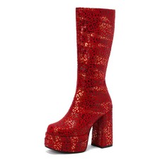 Round Toe Block Heels Platforms Zipper Leopard Knee Highs Platform Boots - Red Flannel Fabric