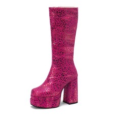 Round Toe Block Heels Platforms Zipper Leopard Knee Highs Platform Boots - Rose Flannel Fabric