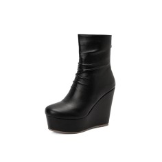 Round Toe Wedges Heels Platforms Ankle Booties with Back Zipper - Black