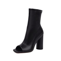 Peep Toe Ankle Highs Chunky Heels Summer Party Zipper Boots - Black